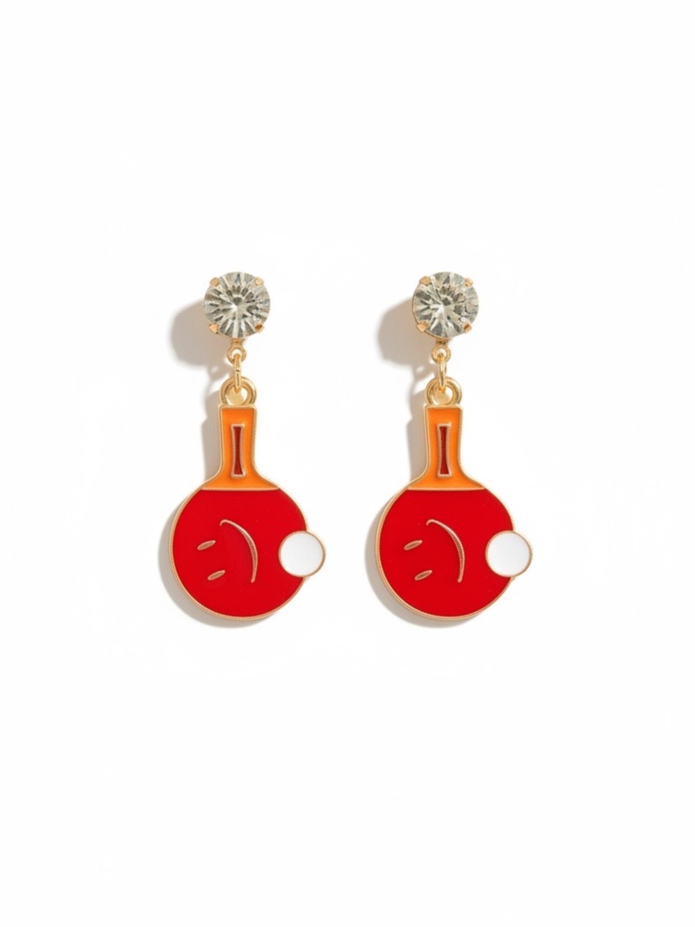 Enamel Pickleball Red Orange Enamel Smiley Face 1.5" Rhinestone Post Earrings